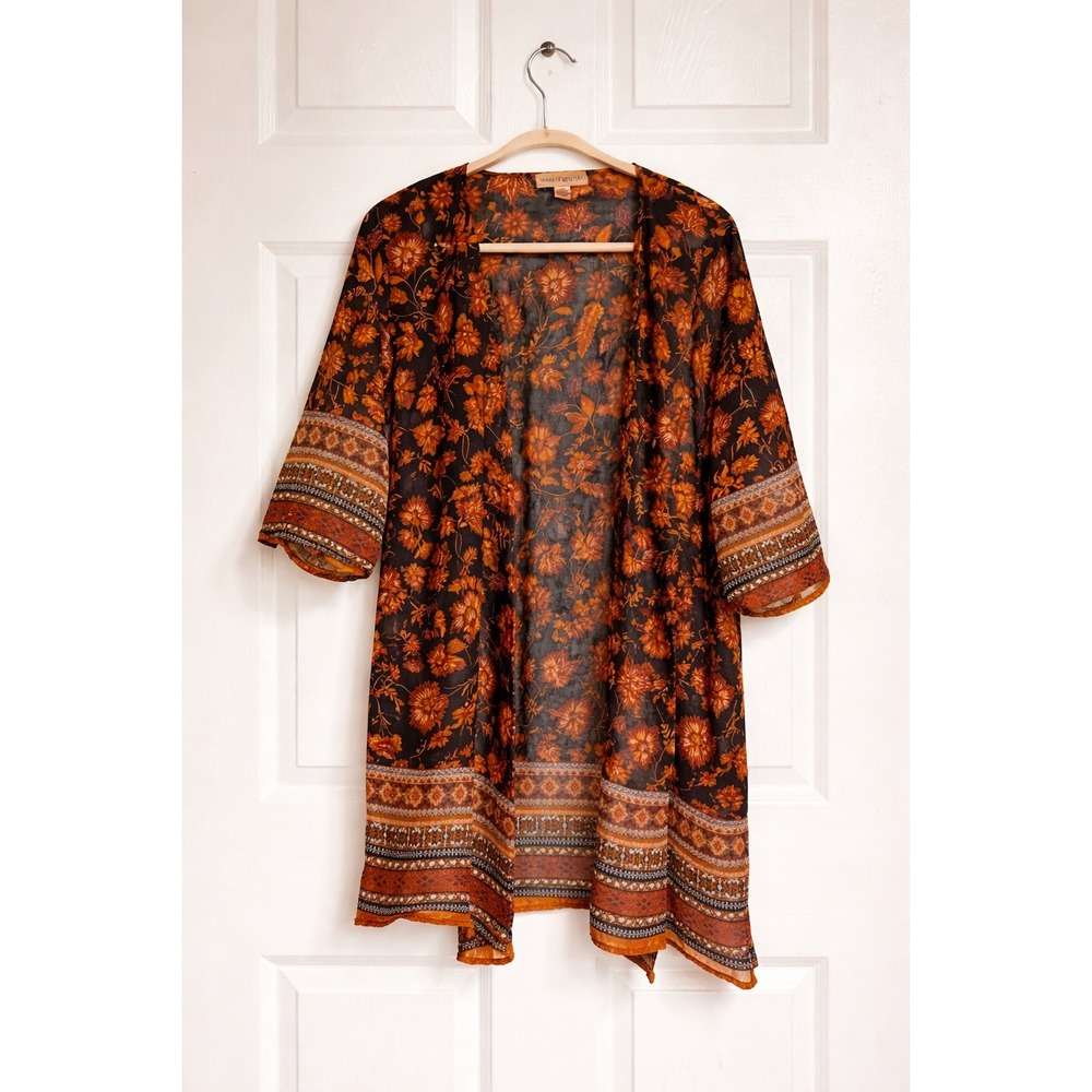Band of Gypsies Floral Kimono XS Boho Open Front Black Orange Hippie Festival